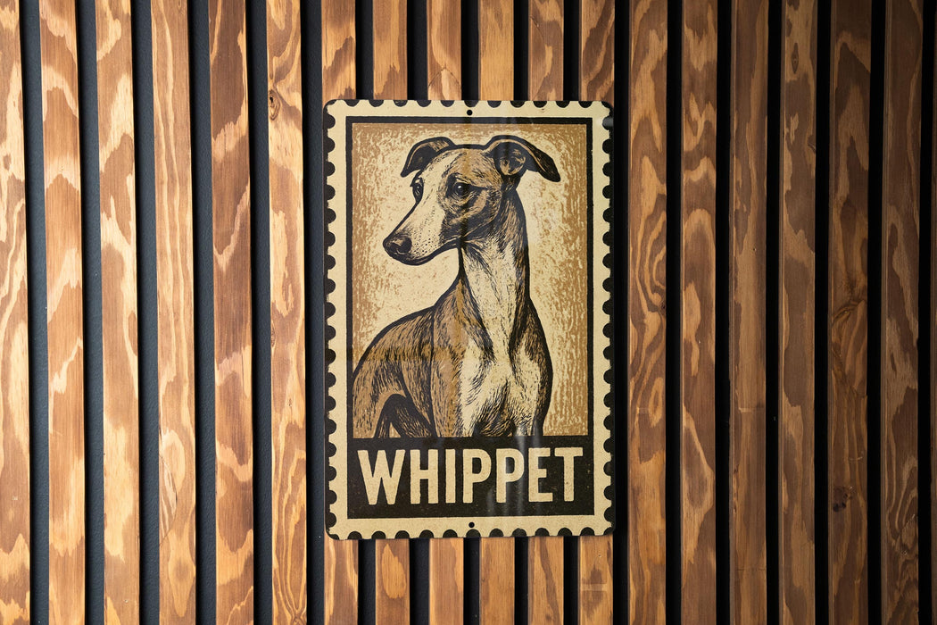 A vintage-style stamp featuring a dog's portrait, with the word "WHIPPET" prominently displayed below the image.