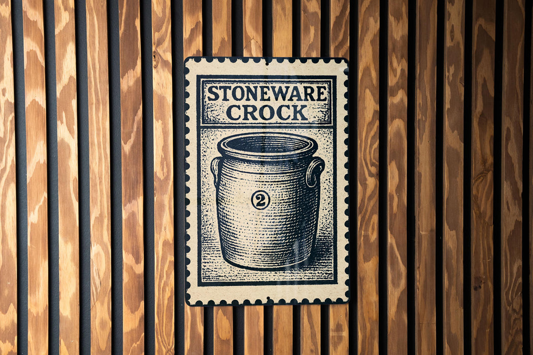 A black and white illustration of a crock pot is displayed on a wooden wall, with the text "STONEWARE CROCK" printed on a postage stamp-like frame.