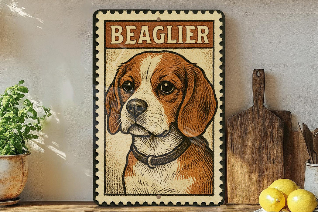 a framed illustration of a beagle dog, with a wooden cutting board and a potted plant in the background.