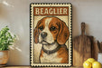 a framed illustration of a beagle dog, with a wooden cutting board and a potted plant in the background.