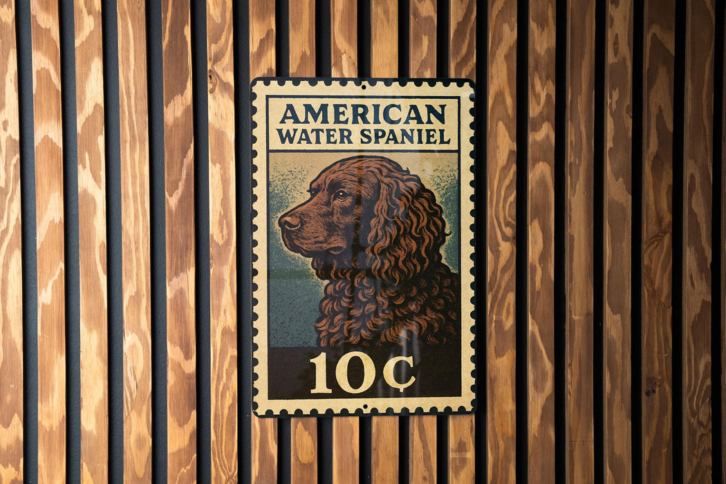 A metal sign with an illustration of a brown curly-haired dog, resembling a stamp, mounted on a wooden wall.