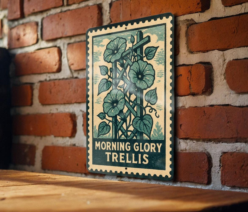 A metal sign with a floral design is mounted on a brick wall.