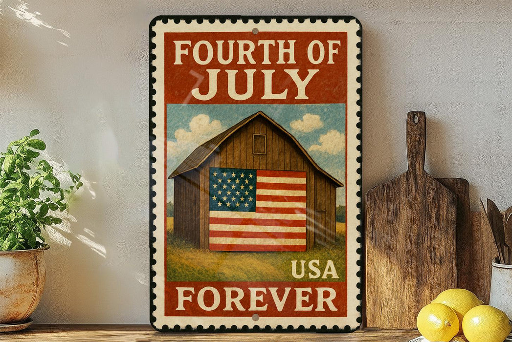 a vintage-style metal sign with a barn and American flag, placed on a wooden shelf next to a wooden cutting board and a potted plant.