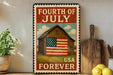 a vintage-style metal sign with a barn and American flag, placed on a wooden shelf next to a wooden cutting board and a potted plant.