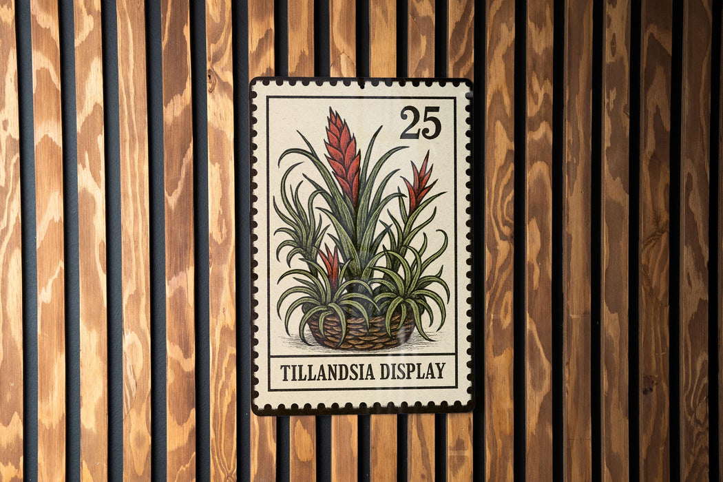 A 25 cent postage stamp featuring a plant illustration is displayed on a wooden wall.