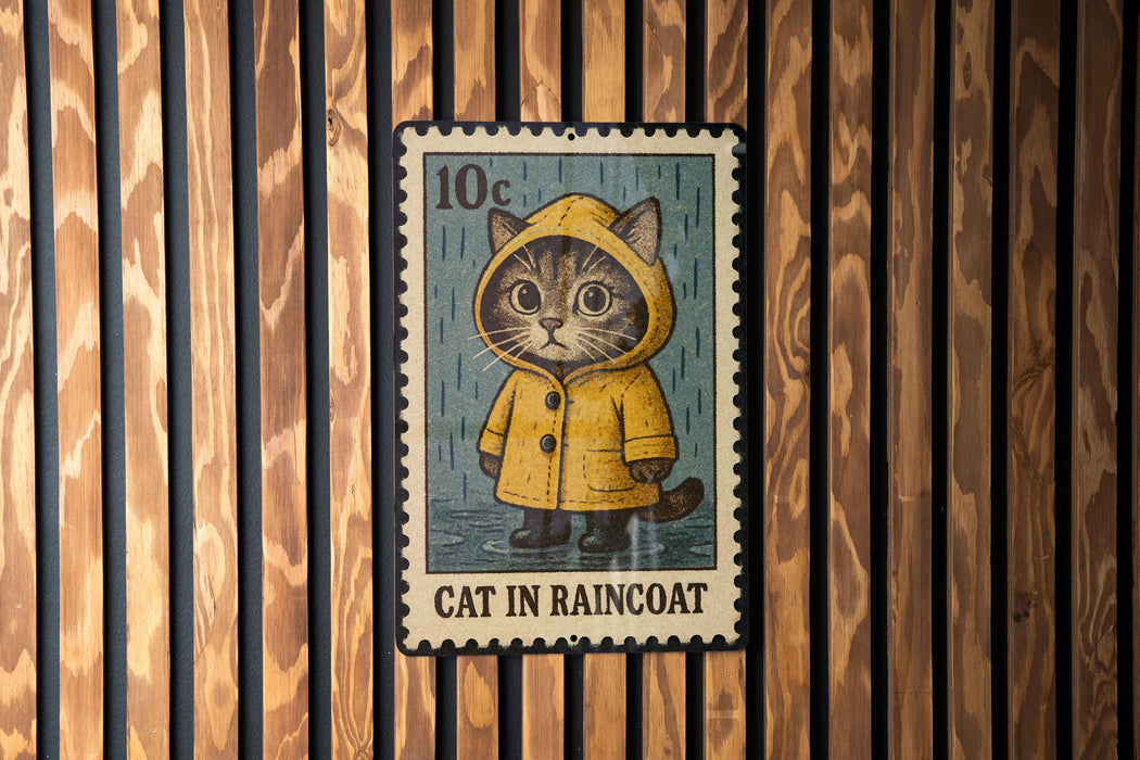 A metal stamp featuring a cat wearing a yellow raincoat, with the text "CAT IN RAINCOAT" printed on it.