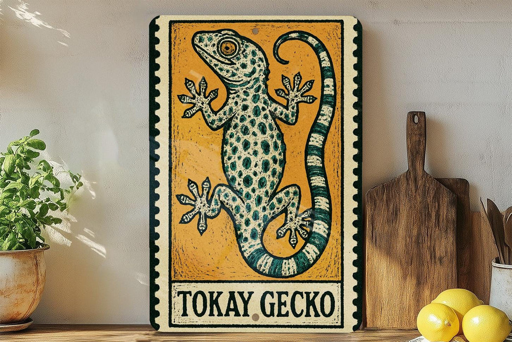 A metal sign featuring a colorful illustration of a gecko, with the text "TOKAY GECKO" below it. The sign is displayed on a shelf next to a wooden cutting board and a potted plant.