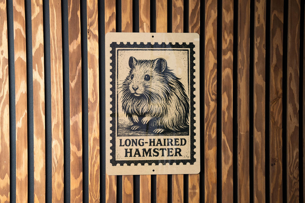 a wooden wall with a rectangular sign featuring a hamster illustration and the text "LONG HAIRED HAMSTER" printed on it.