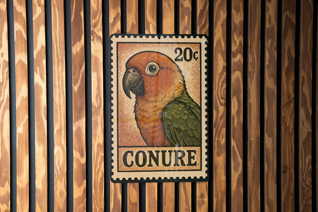 A colorful postage stamp featuring a parrot is displayed on a wooden wall.
