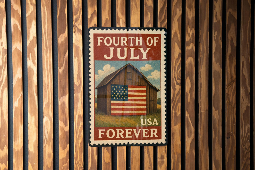 A vintage-style stamp with the text "FOURTH OF JULY USA FOREVER" and an illustration of a barn with an American flag, mounted on a wooden wall.