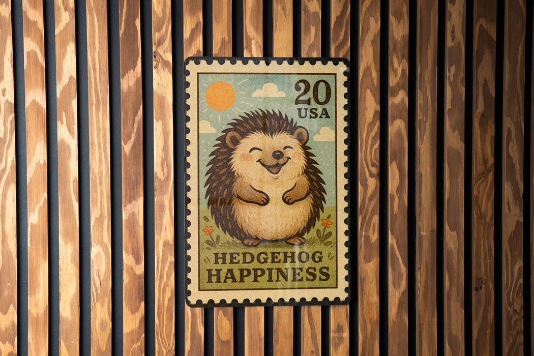 A 20 US postage stamp featuring a smiling hedgehog, with the text "HEDGEHOG HAPPINESS" printed on it.