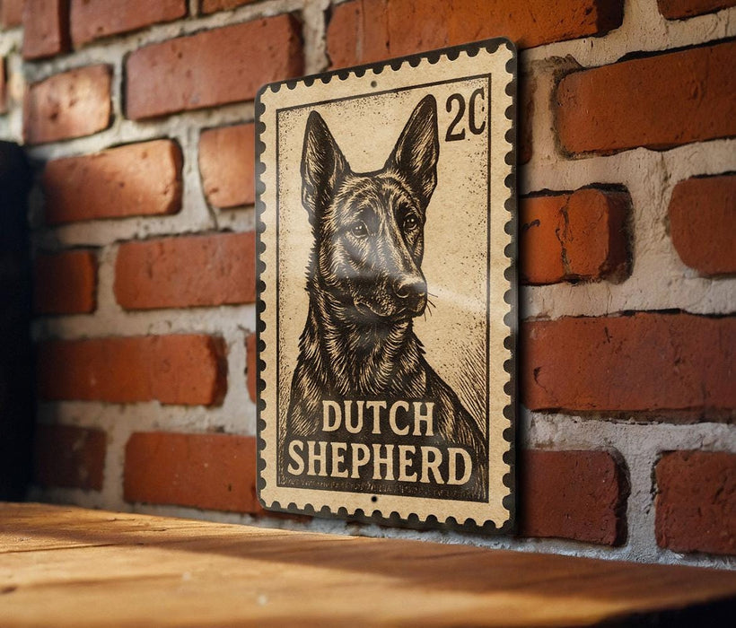 A metal sign featuring a black and white illustration of a dog, with the text "DUTCH SHEPHERD" printed on it. The sign is mounted on a brick wall.