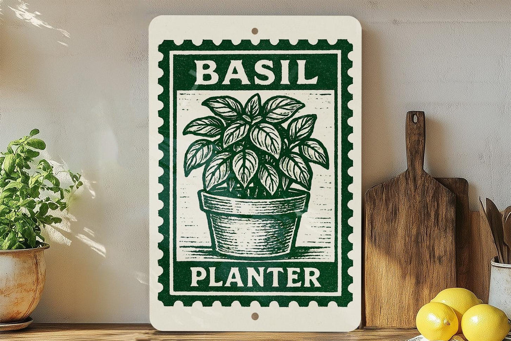 a potted basil plant with a green and white stamp-like design, placed on a wooden surface next to a wooden cutting board and some lemons.