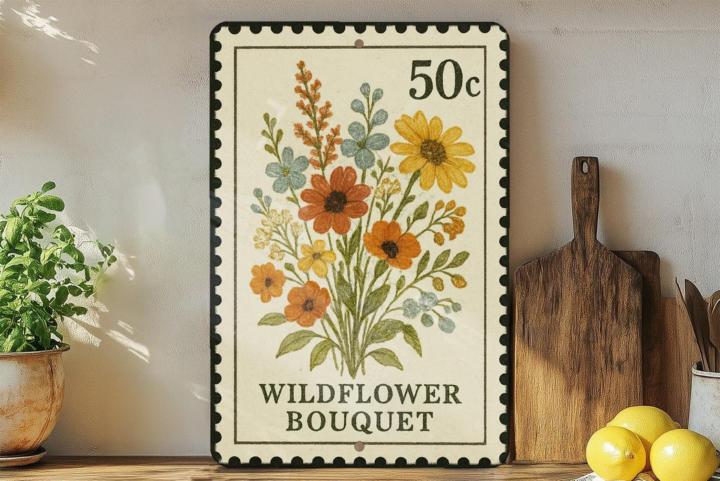 A framed vintage postage stamp depicting a wildflower bouquet, placed on a shelf next to a wooden cutting board and some potted plants.
