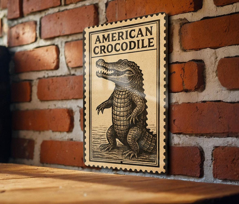 a wooden table with a framed illustration of an American crocodile on it, mounted on a brick wall.