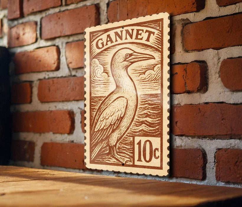 a wooden sign with a bird illustration, mounted on a brick wall.