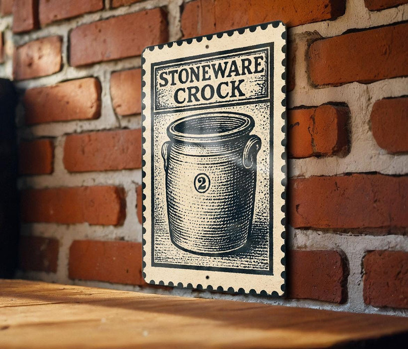 A sign for "Stoneware Crock" is displayed on a brick wall, featuring an illustration of a crock pot.