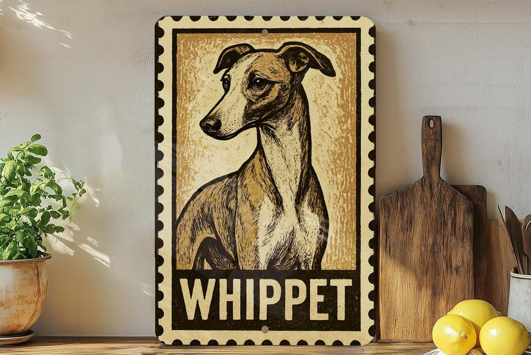 A framed illustration of a greyhound dog is displayed on a shelf, with a wooden cutting board and a potted plant to the left.