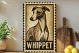 A framed illustration of a greyhound dog is displayed on a shelf, with a wooden cutting board and a potted plant to the left.
