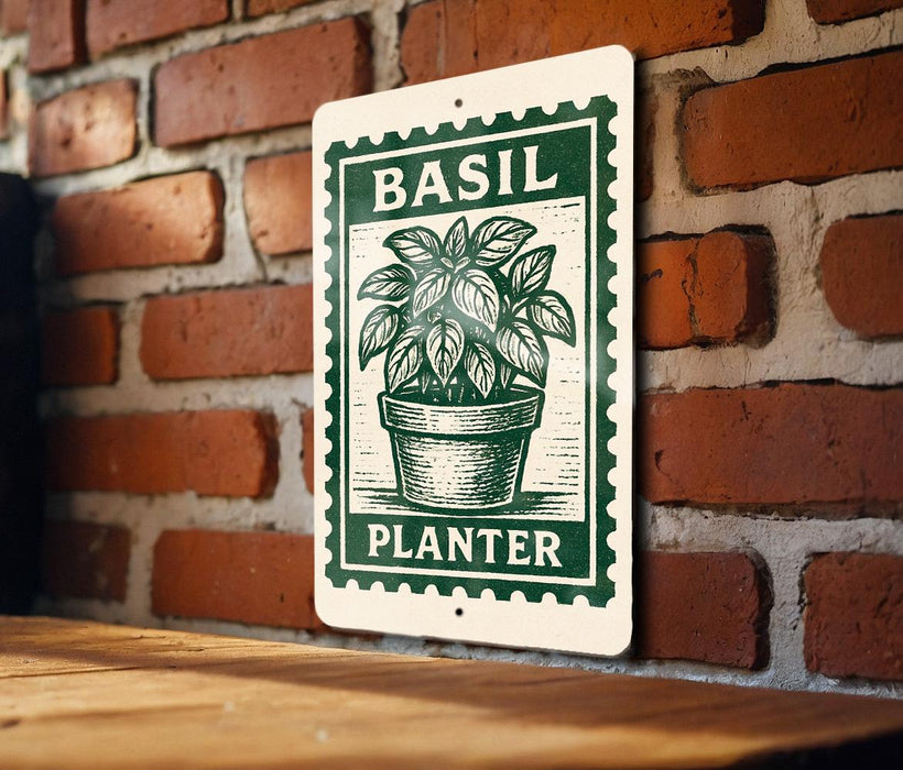 A metal sign with a green border and a picture of a basil plant in a pot, mounted on a brick wall.