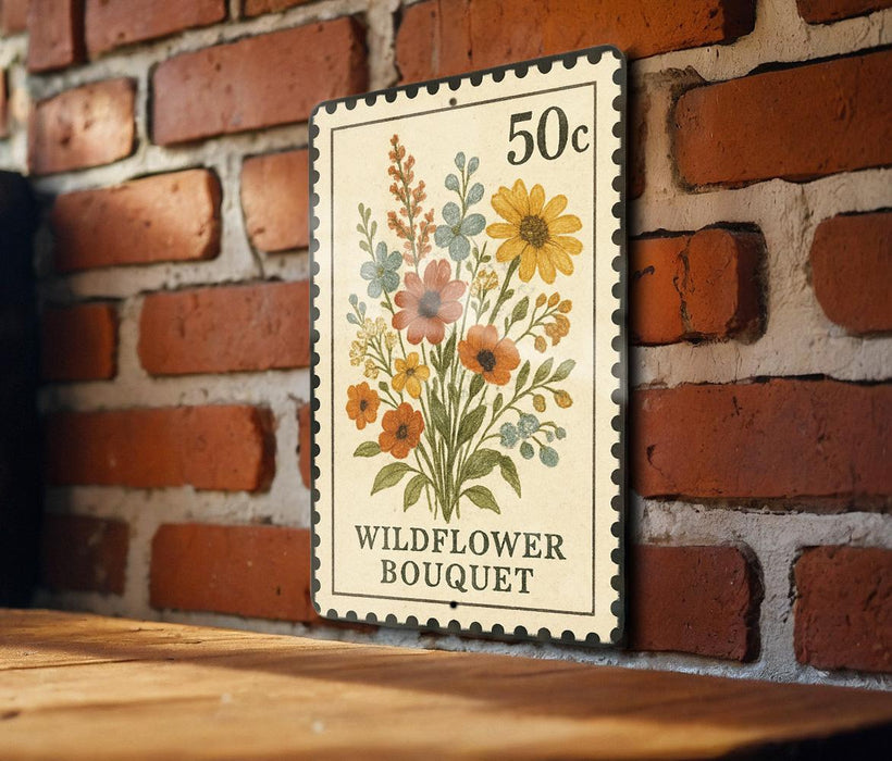 A 50 cent postage stamp featuring a floral bouquet is displayed on a brick wall.