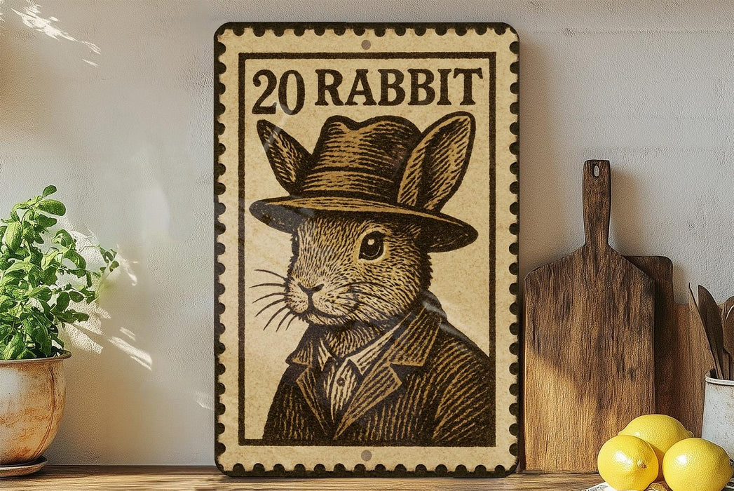 A vintage-style metal sign featuring a rabbit wearing a hat, with a wooden cutting board and a potted plant in the background.