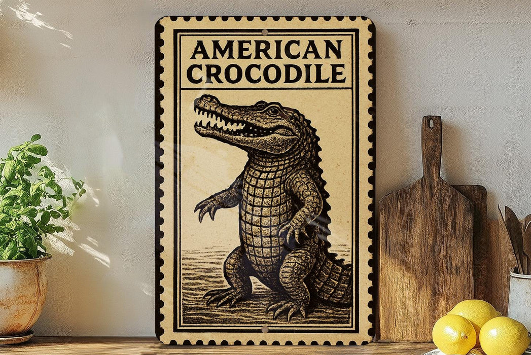 a framed illustration of an American crocodile on a wooden surface, with a potted plant and a cutting board nearby.
