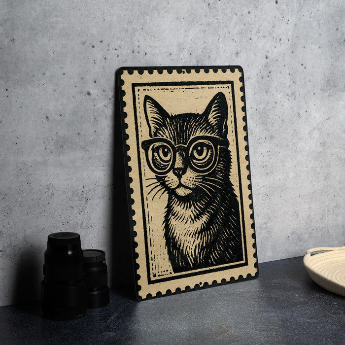 A framed illustration of a cat wearing glasses is displayed on a table, accompanied by a stack of black camera lenses and a woven basket.