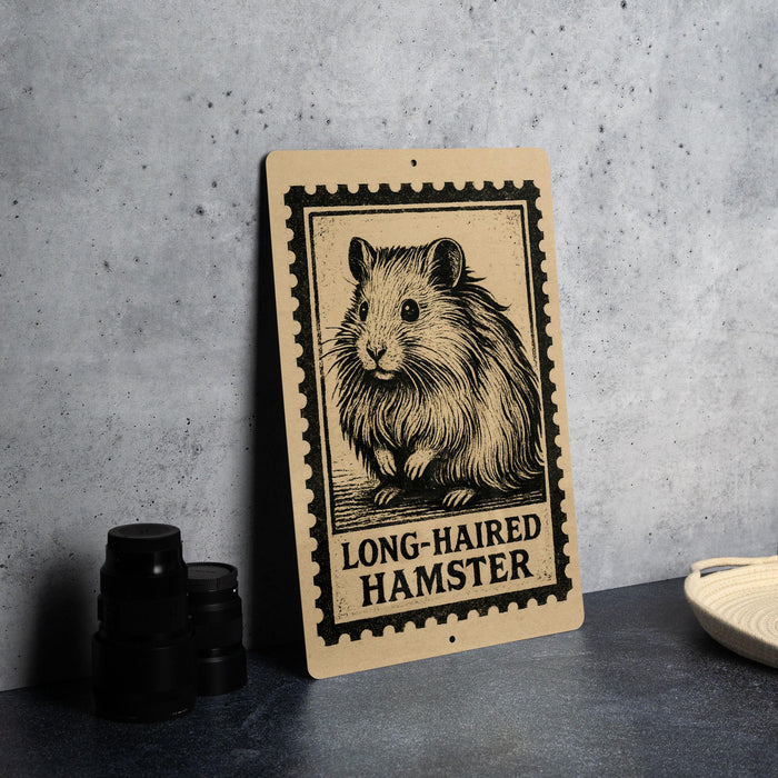 A wooden sign featuring a hamster illustration and the text "LONG HAIRED HAMSTER" is displayed on a table.