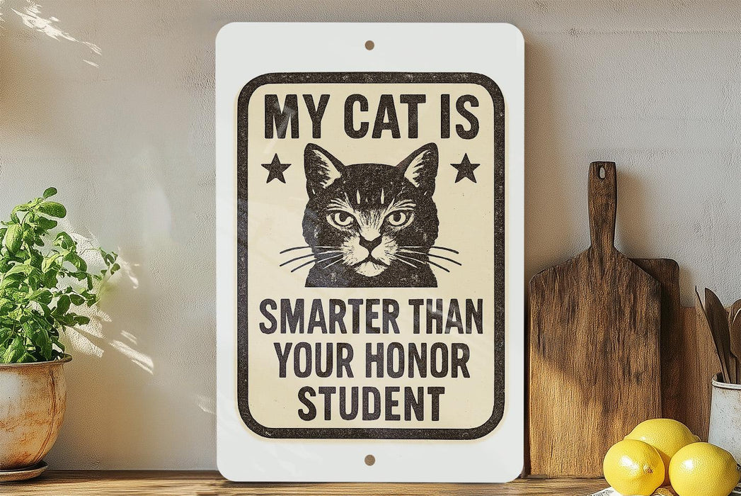 a humorous sign that reads "MY CAT IS SMARTER THAN YOUR Honor STUDENT", accompanied by a cat illustration.