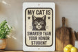 a humorous sign that reads "MY CAT IS SMARTER THAN YOUR Honor STUDENT", accompanied by a cat illustration.