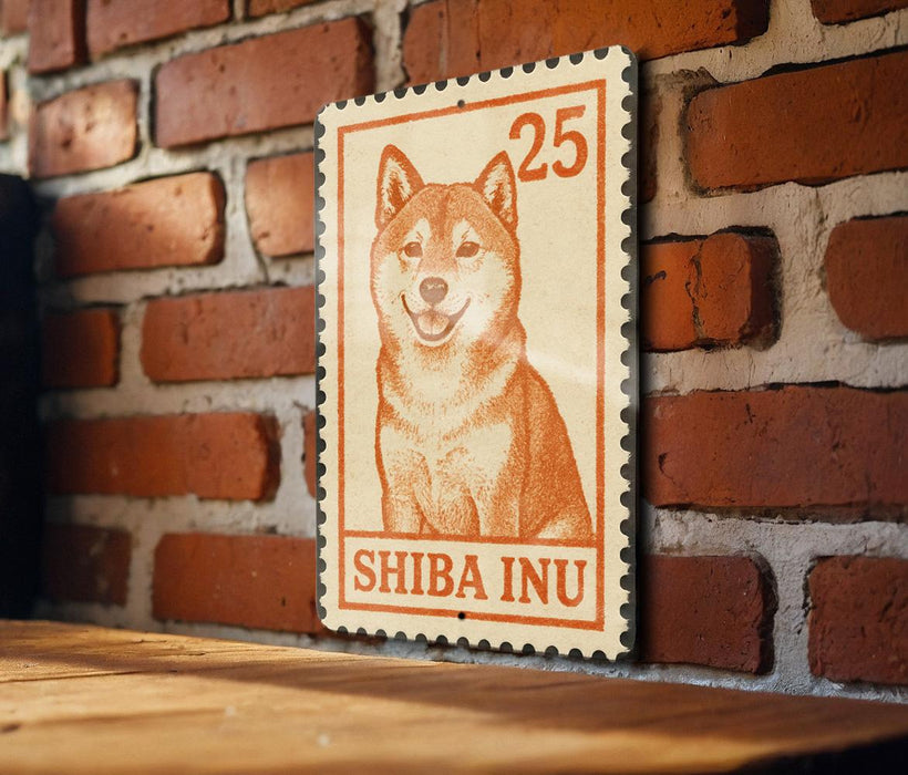 A wooden table with a wooden border, and a wooden wall with a brick pattern. There is a wooden sign with an image of a Shiba Inu dog and the text "SHIBA INU" on it.
