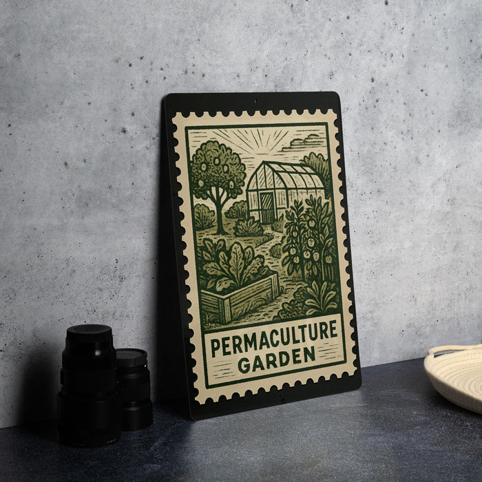 a metal sign with a green and white design depicting a garden scene, placed on a table next to some black camera lenses.