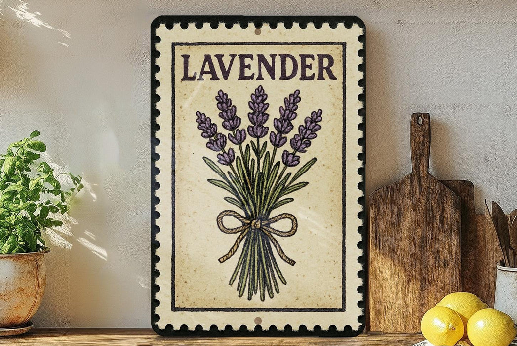 A framed illustration of lavender flowers is displayed on a shelf, accompanied by kitchen utensils and a potted plant.