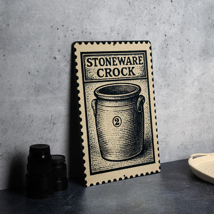 A framed illustration of a crock pot is displayed on a countertop, accompanied by a stack of black containers and a woven basket.