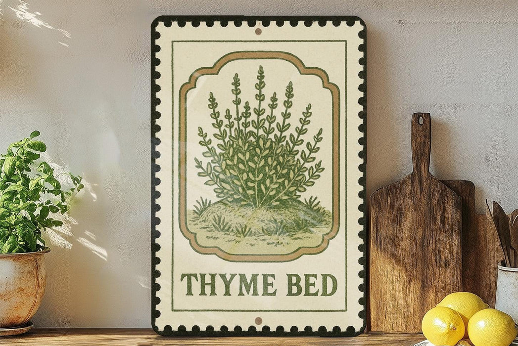 A framed illustration of a thyme plant is displayed on a shelf, accompanied by a wooden cutting board, a potted plant, and some lemons.