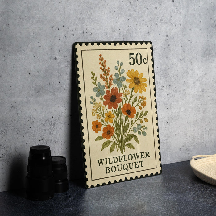 A vintage 50 cent stamp featuring a floral design, with the text "Wildflower Bouquet" printed on it.