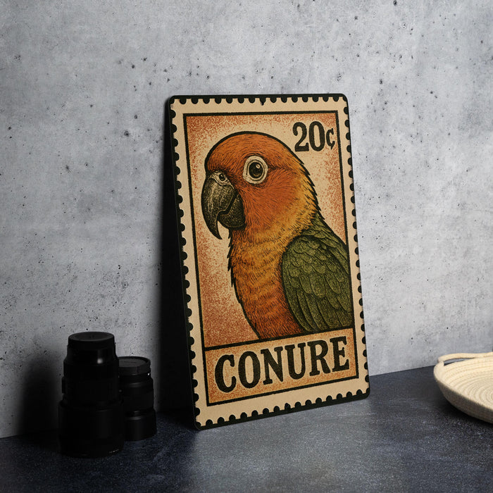 A colorful postage stamp featuring a parrot, with the word "CONURE" printed on it.