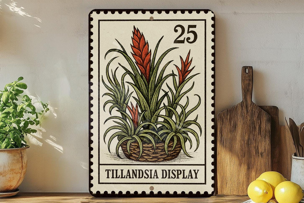 A metal sign with a plant illustration and the number 25, placed on a wooden surface next to a wooden cutting board and some potted plants.