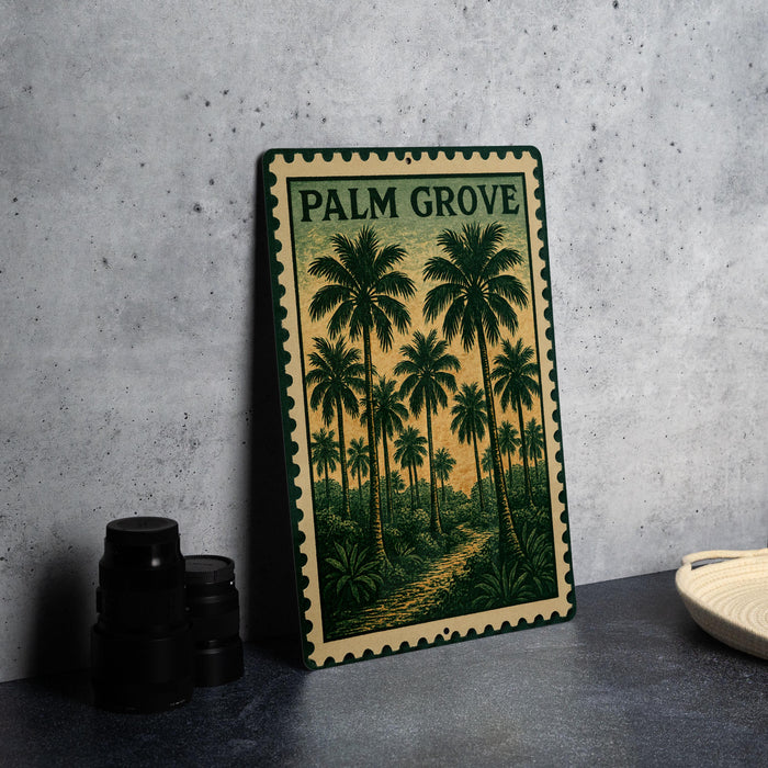 A framed illustration of palm trees is displayed on a table, with a stack of black camera lenses and a white dish nearby.
