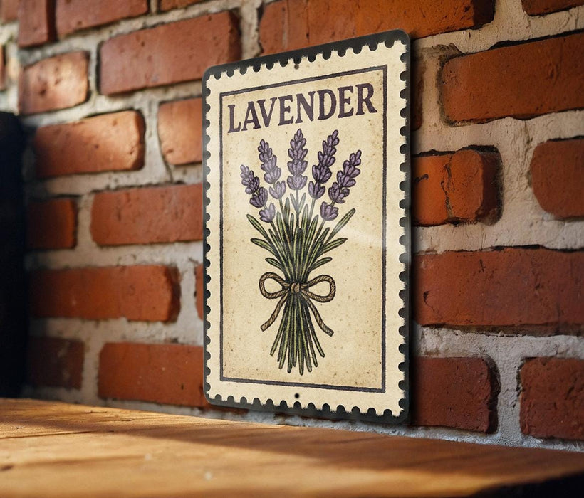 A vintage-style sign with the word "LAVENDER" and an illustration of lavender flowers is displayed on a brick wall.