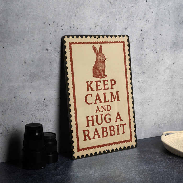 A metal sign with a rabbit illustration and the text "KEEP CALM AND HUG A RABBIT" is displayed on a table.