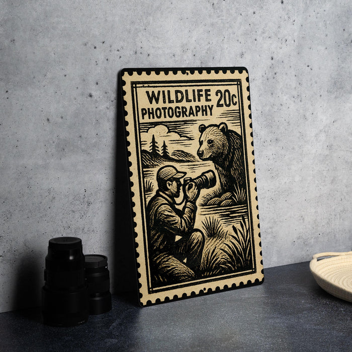 A metal stamp with a black and white illustration of a photographer taking a picture of a bear, along with the text "WILDLIFE PHOTOGRAPHY 20c".