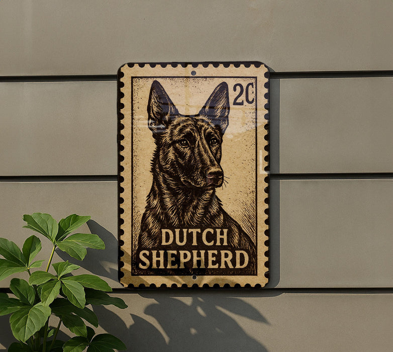 A metal sign featuring a dog's head and the text "DUTCH SHEPHERD" is mounted on a wall.
