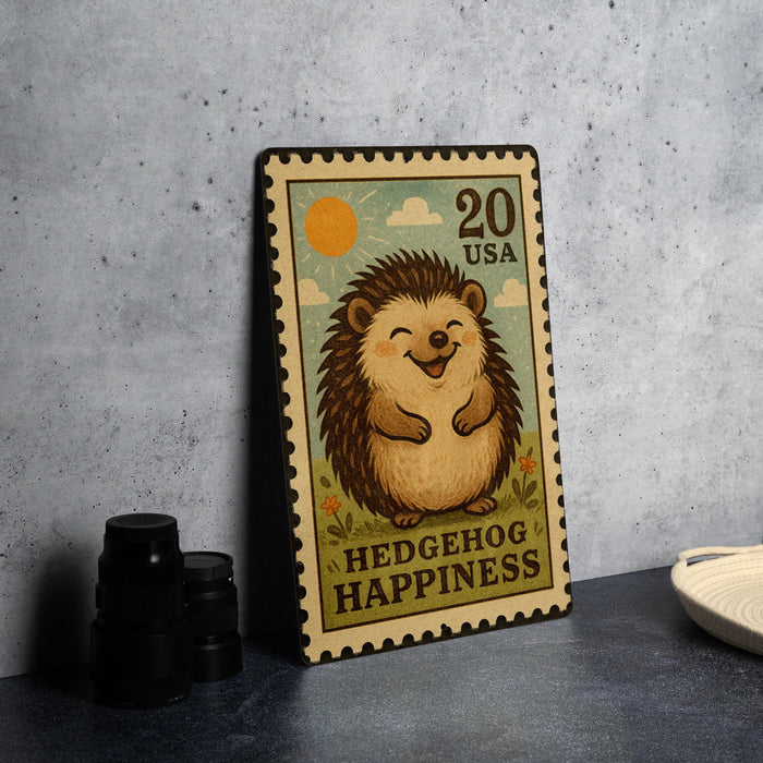 A 20 oz postage stamp featuring a smiling hedgehog, with the text "HEDGEHOG HAPPINESS" printed on it.