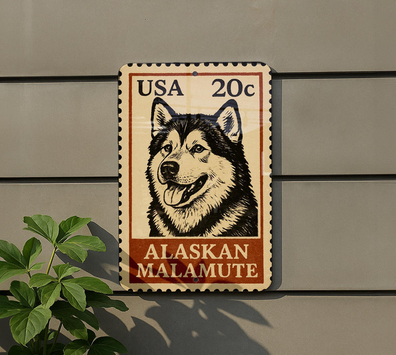 A metal sign featuring a black and white illustration of a husky dog, with the text "USA 20c ALASKAN MALAMUTE" printed on it.