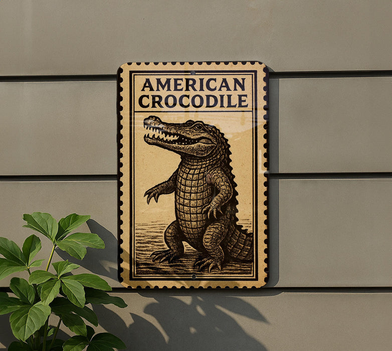 a sign with an illustration of an American crocodile.