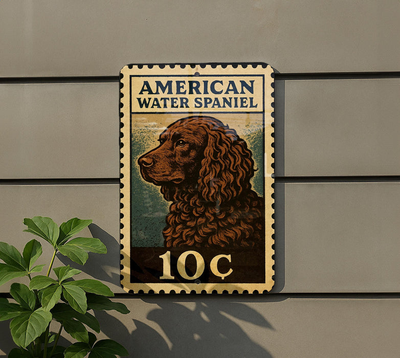 A metal sign featuring an illustration of an American Water Spaniel dog, mounted on a wall.