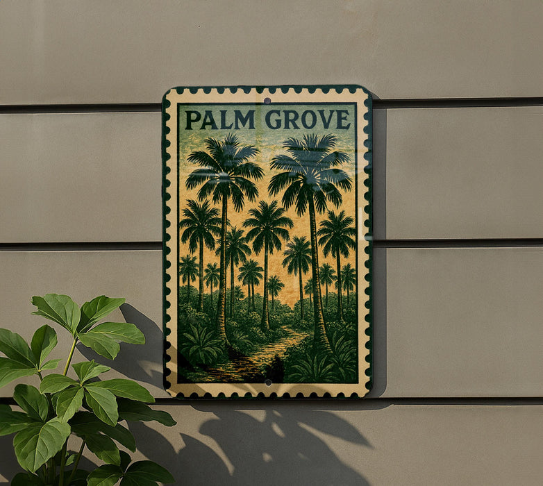 A framed vintage-style poster of palm trees is displayed on a wall, with a plant to the left.