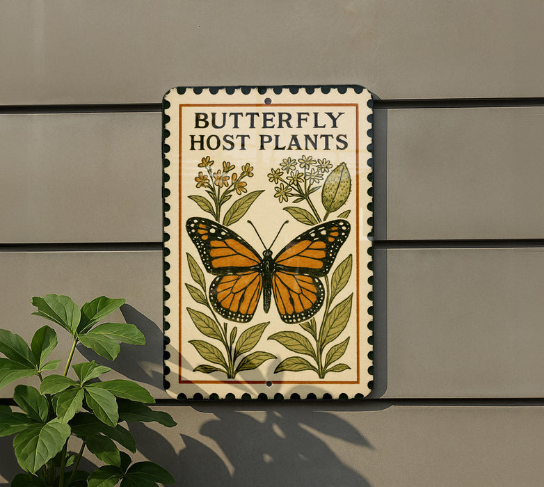 A sign with a butterfly and host plants, mounted on a wall next to a plant.